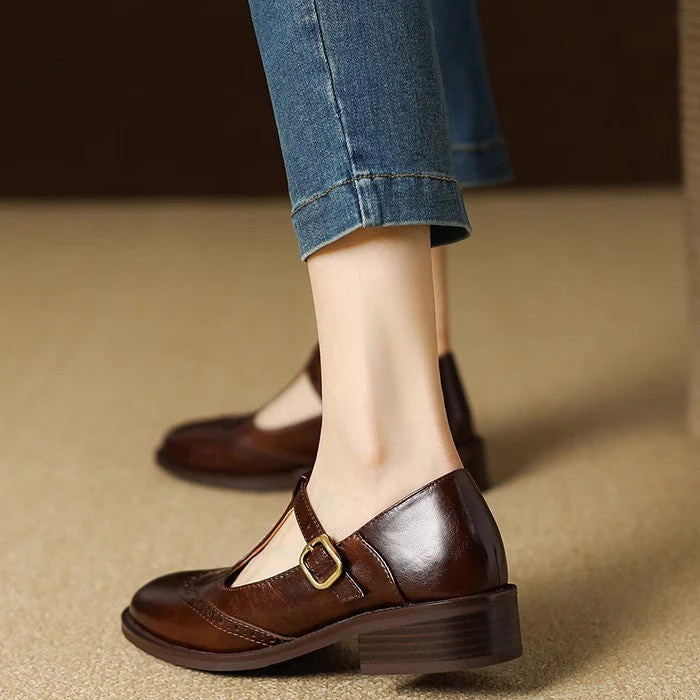 Nadine | Women's Leather T-Strap Mary Jane Shoes Low Block Heel - Image 4