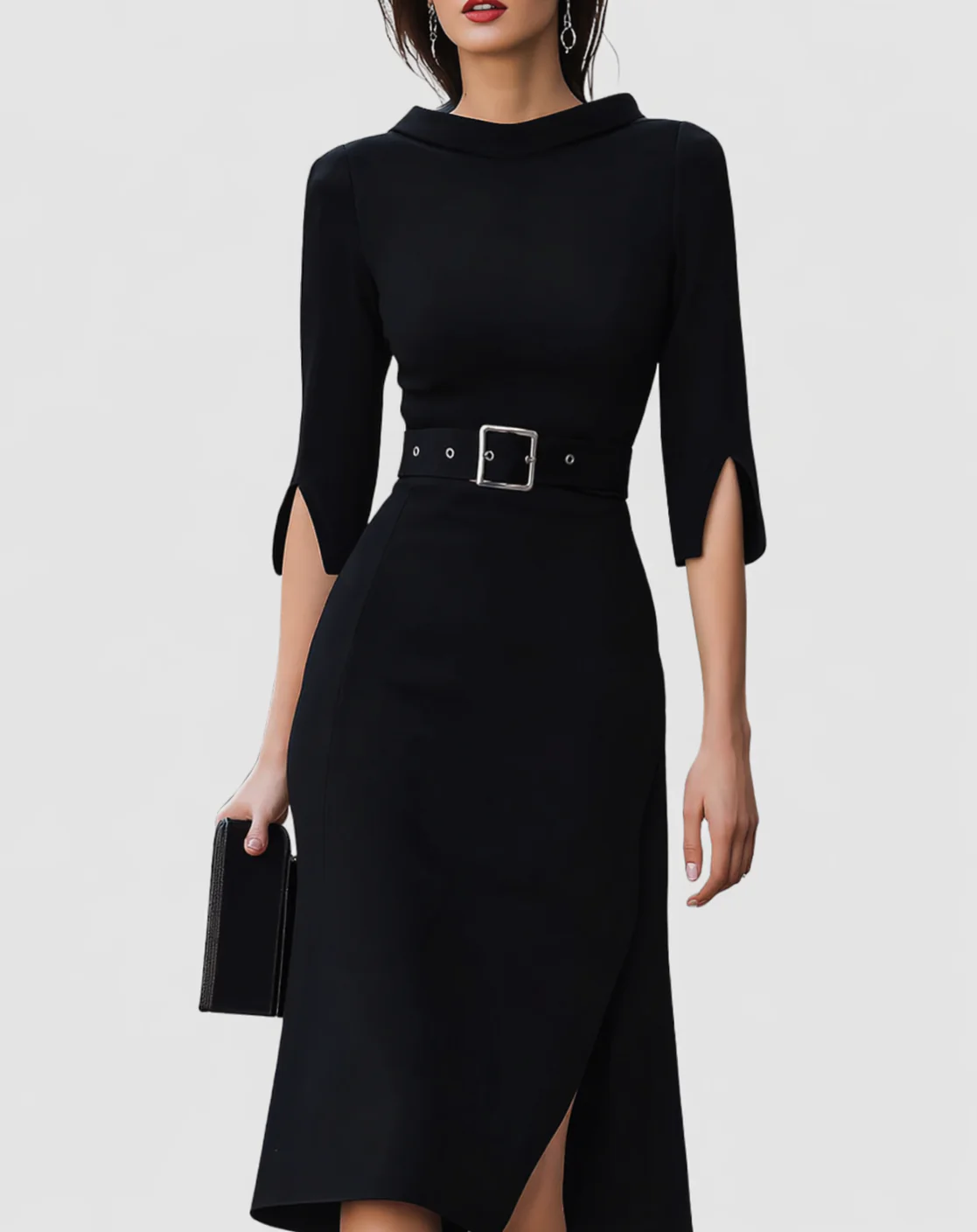 Naomi | Women's Belted Mock Neck Midi Dress with Split Sleeves