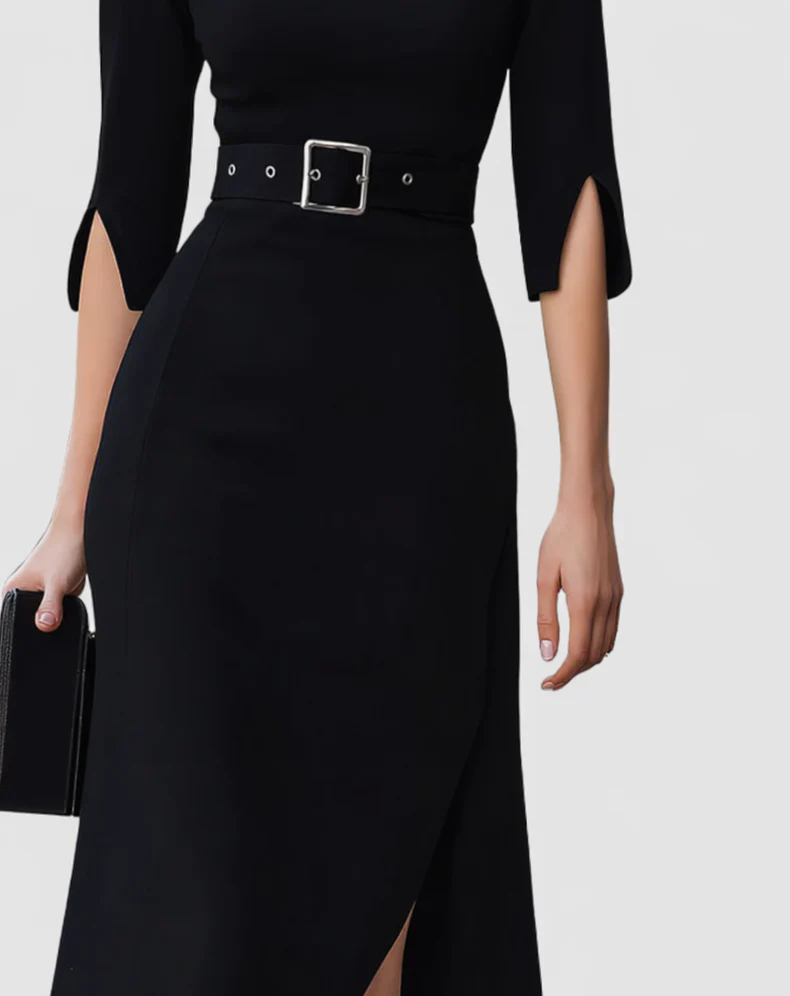 Naomi | Women's Belted Mock Neck Midi Dress with Split Sleeves - Image 3
