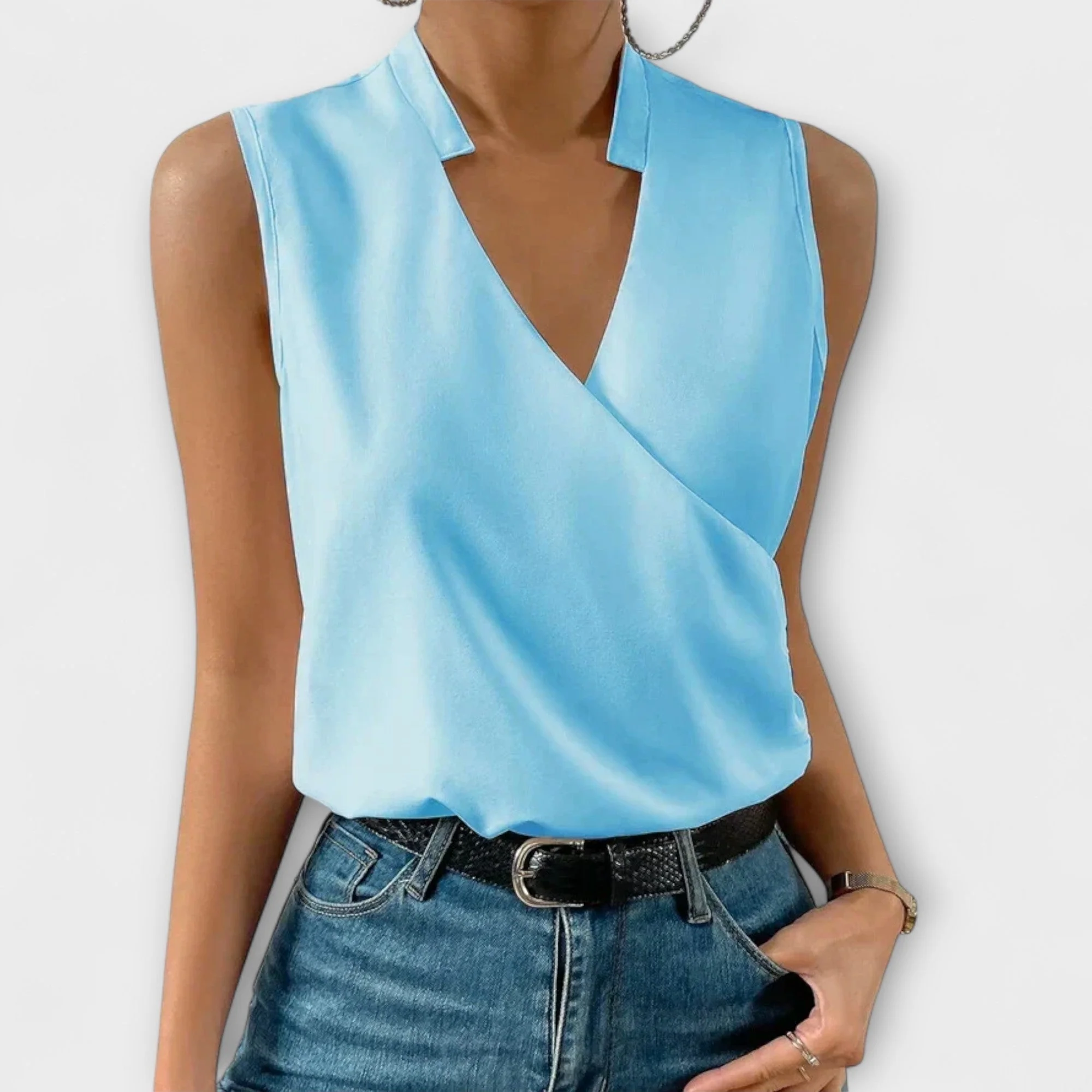 Nina | Women's Sleeveless Wrap V-Neck Top Collared Blouse - Image 2