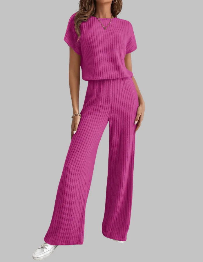 Nora | Women's Ribbed Two Piece Set Short Sleeve Top Wide Leg Pants - Image 2