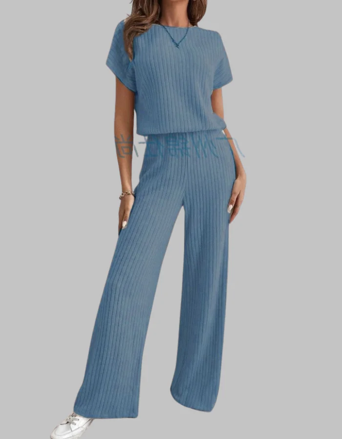 Nora | Women's Ribbed Two Piece Set Short Sleeve Top Wide Leg Pants - Image 3