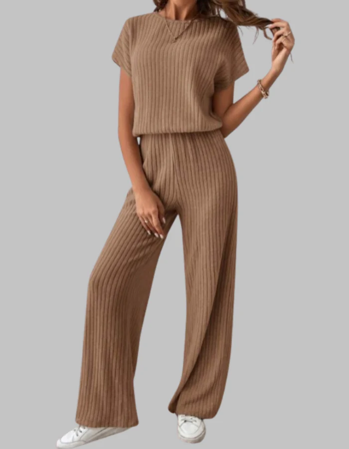 Nora | Women's Ribbed Two Piece Set Short Sleeve Top Wide Leg Pants - Image 4