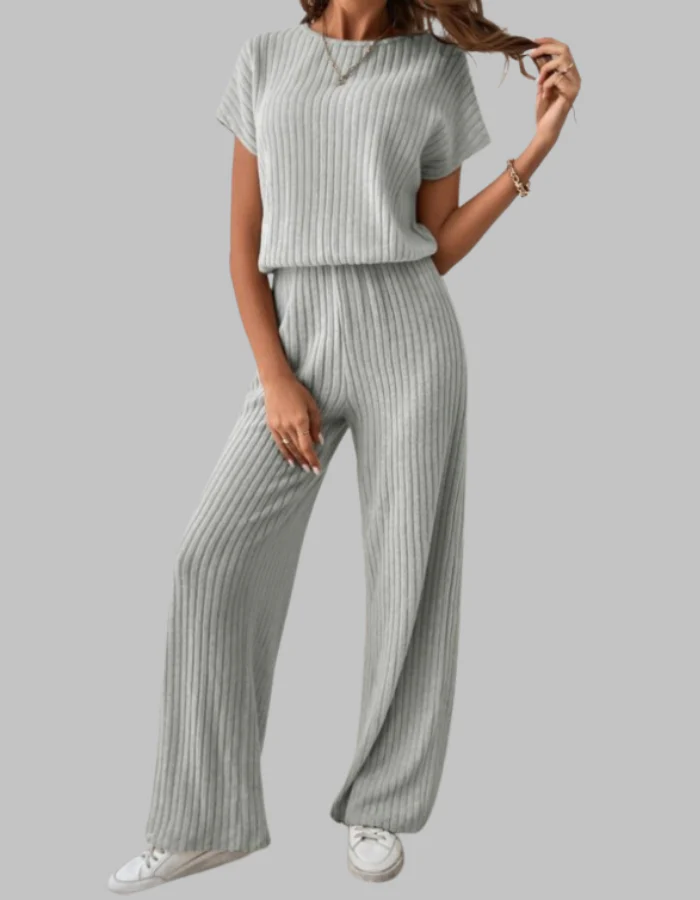 Nora | Women's Ribbed Two Piece Set Short Sleeve Top Wide Leg Pants - Image 5