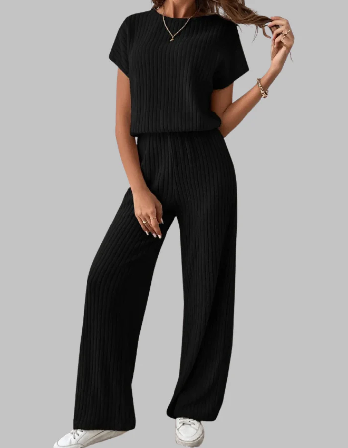 Nora | Women's Ribbed Two Piece Set Short Sleeve Top Wide Leg Pants - Image 6