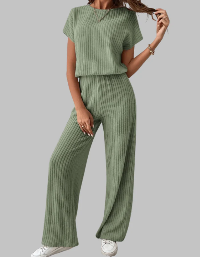 Nora | Women's Ribbed Two Piece Set Short Sleeve Top Wide Leg Pants - Image 7