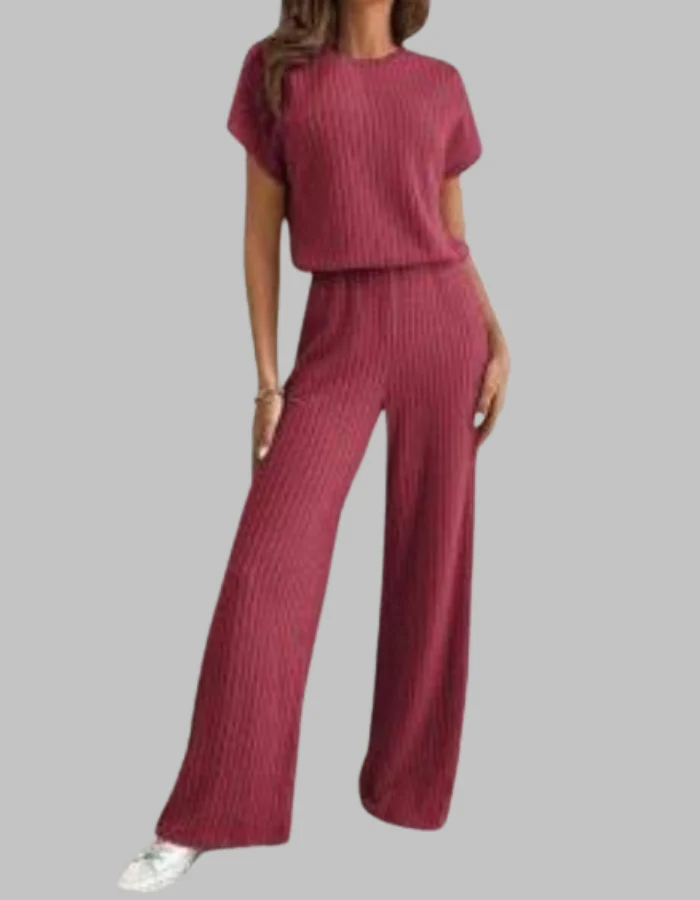 Nora | Women's Ribbed Two Piece Set Short Sleeve Top Wide Leg Pants - Image 8