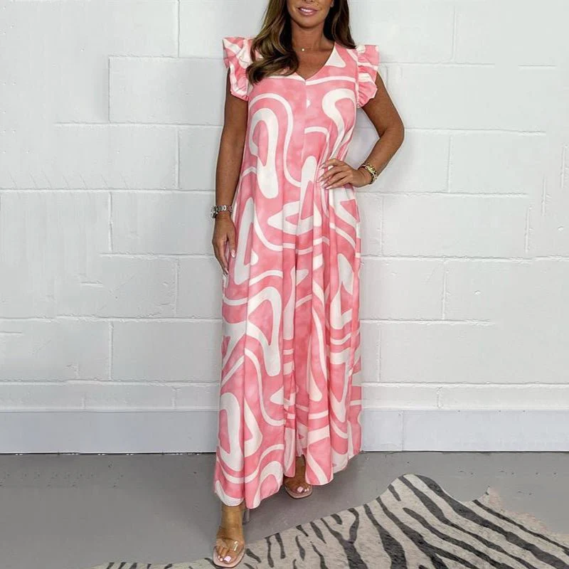 Nova | Women's Abstract Print V-Neck Ruffle Sleeve Wide Leg Jumpsuit - Image 2