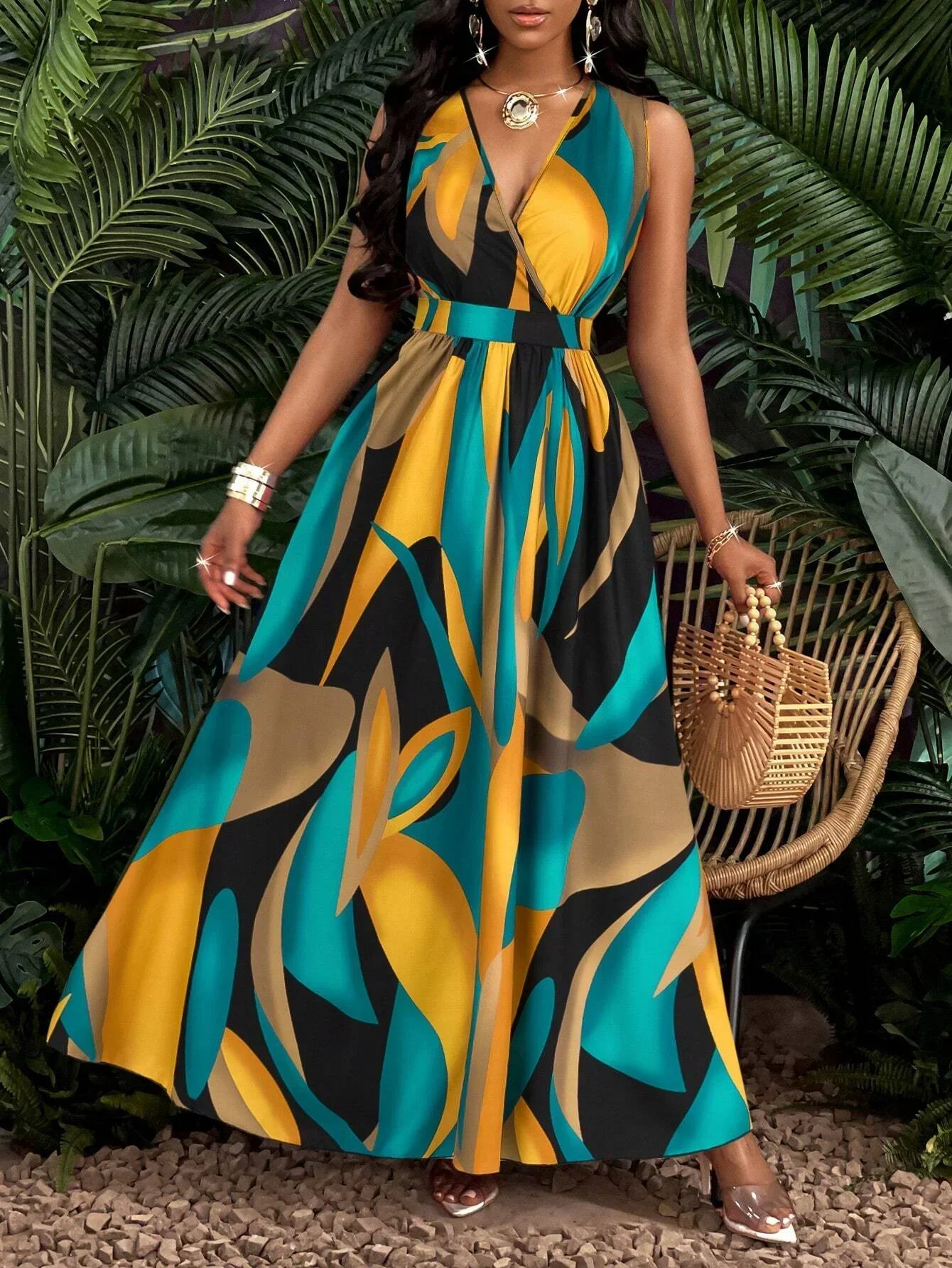 Nova | Women's V-Neck Sleeveless Abstract Print Maxi Dress - Image 3