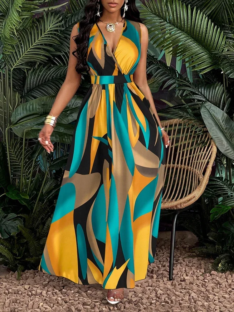 Nova | Women's V-Neck Sleeveless Abstract Print Maxi Dress - Image 4