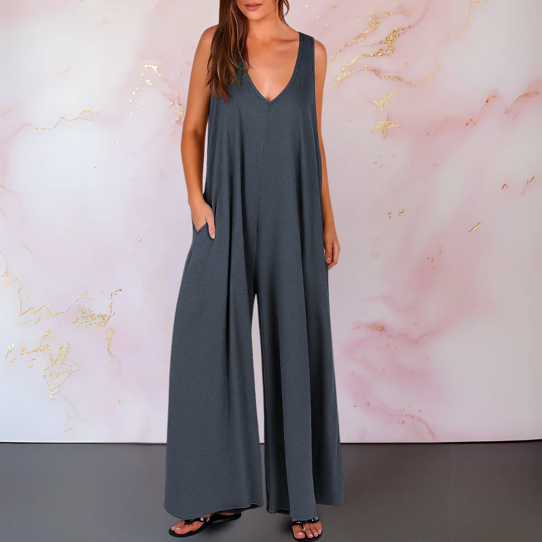Onyx | Women's V-Neck Sleeveless Wide Leg Jumpsuit with Pockets - Image 3