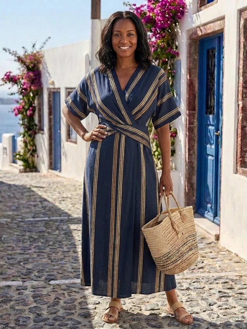 Ophelia | Women's V Neck Striped Wrap Maxi Dress - Image 3