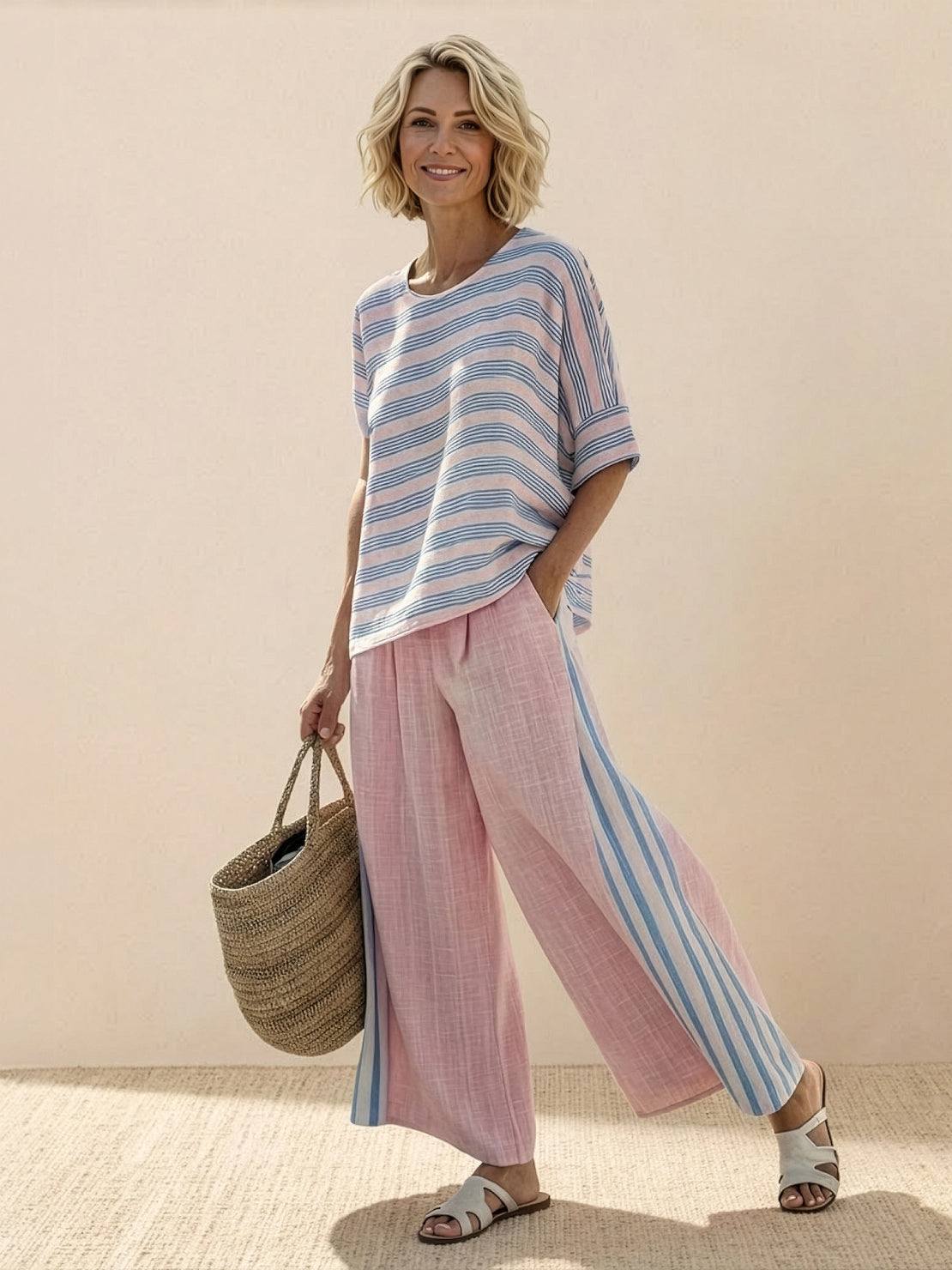 Paloma | Women's Casual Striped Wide-Leg Pants and Tee Two-Piece Set - Image 9
