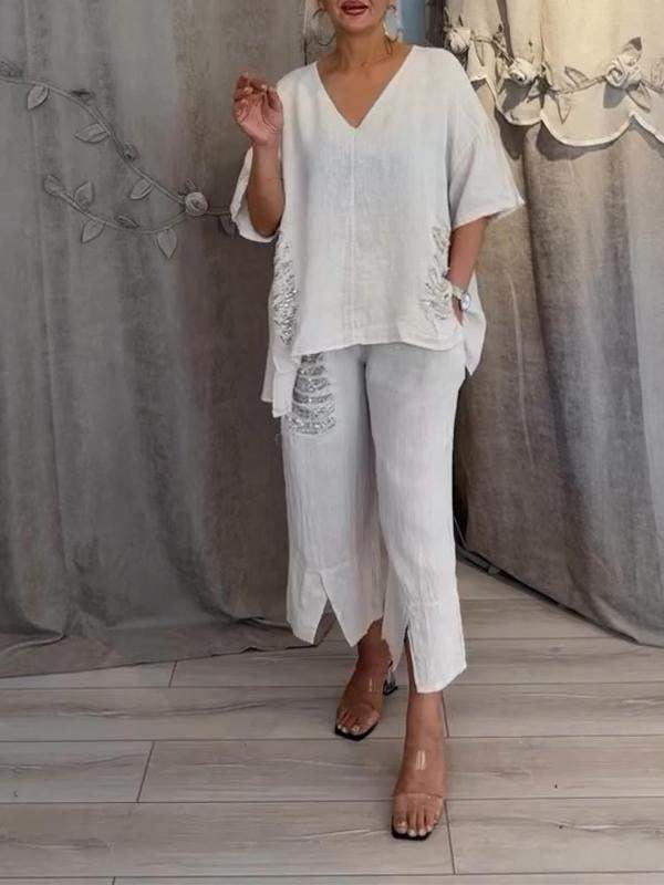 Pearl | Women's Casual 2 Piece Set V-Neck Top and Cropped Pants - Image 10