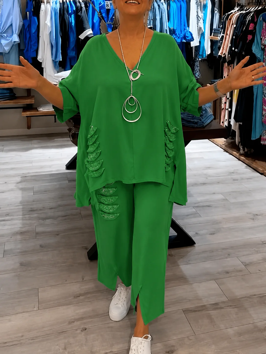 Pearl | Women's Casual 2 Piece Set V-Neck Top and Cropped Pants - Image 11