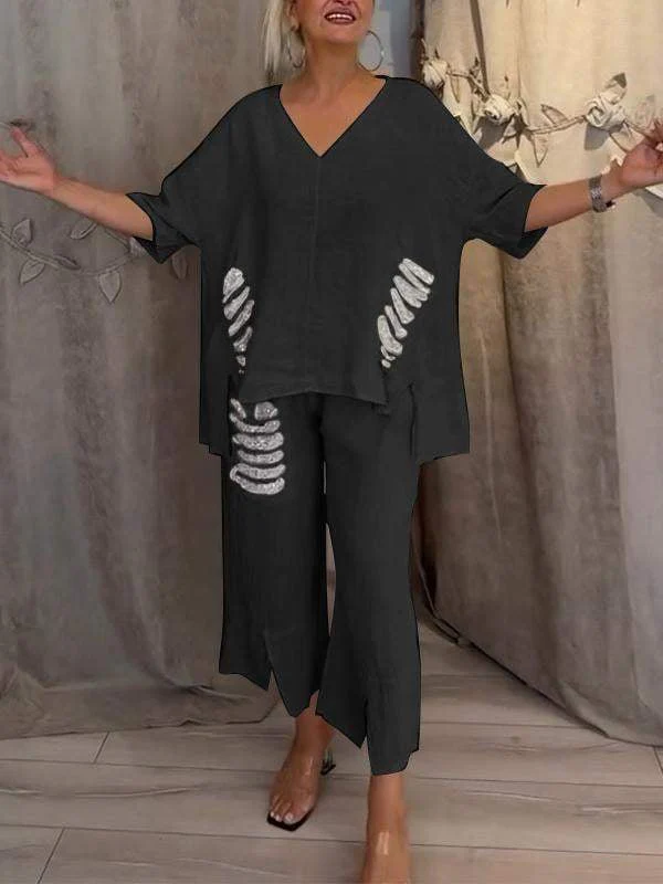 Pearl | Women's Casual 2 Piece Set V-Neck Top and Cropped Pants - Image 3