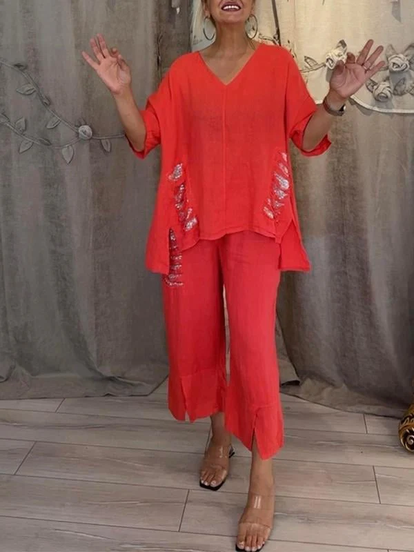 Pearl | Women's Casual 2 Piece Set V-Neck Top and Cropped Pants - Image 4
