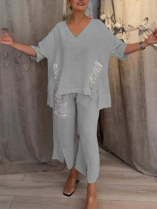 Pearl | Women's Casual 2 Piece Set V-Neck Top and Cropped Pants - Image 5