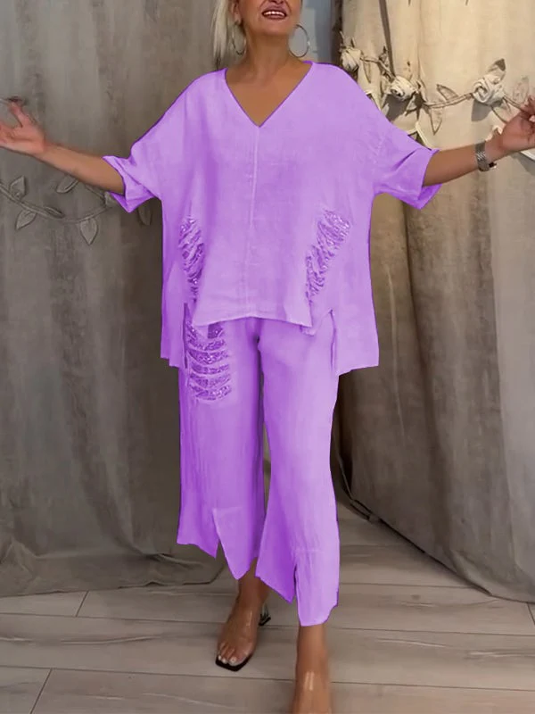 Pearl | Women's Casual 2 Piece Set V-Neck Top and Cropped Pants - Image 6