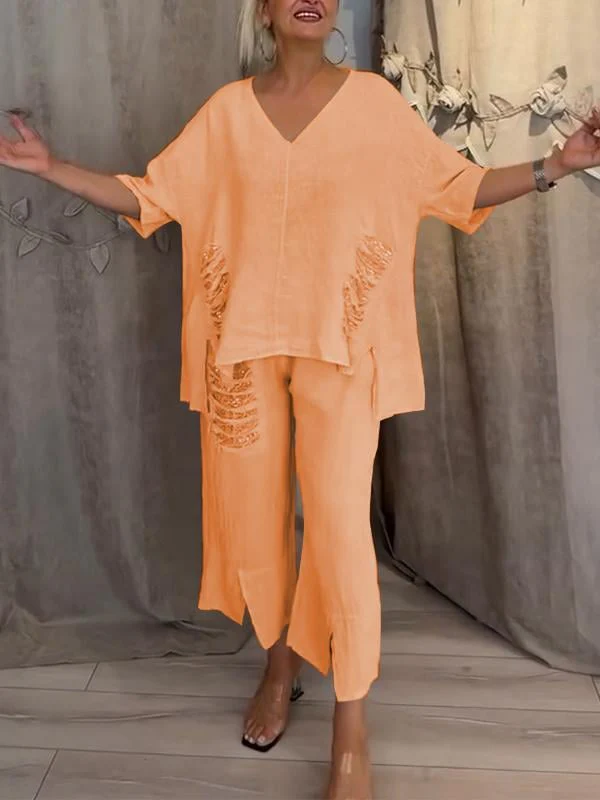 Pearl | Women's Casual 2 Piece Set V-Neck Top and Cropped Pants - Image 7