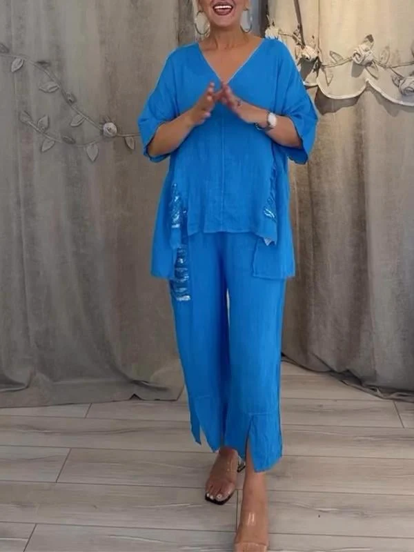 Pearl | Women's Casual 2 Piece Set V-Neck Top and Cropped Pants - Image 9