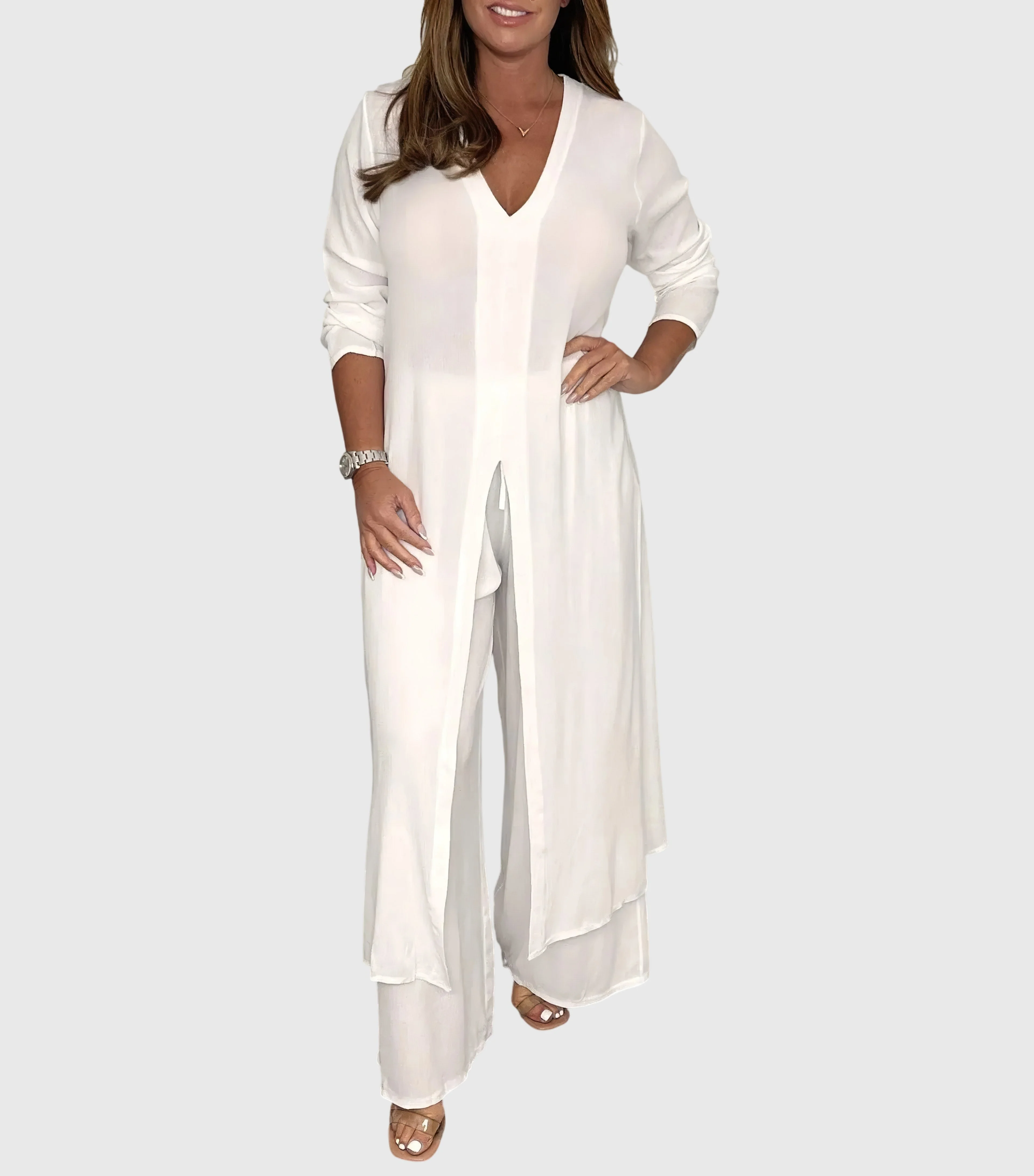 Pearl | Women's Duster Cardigan Two-Piece Set Wide Leg Pants - Image 2