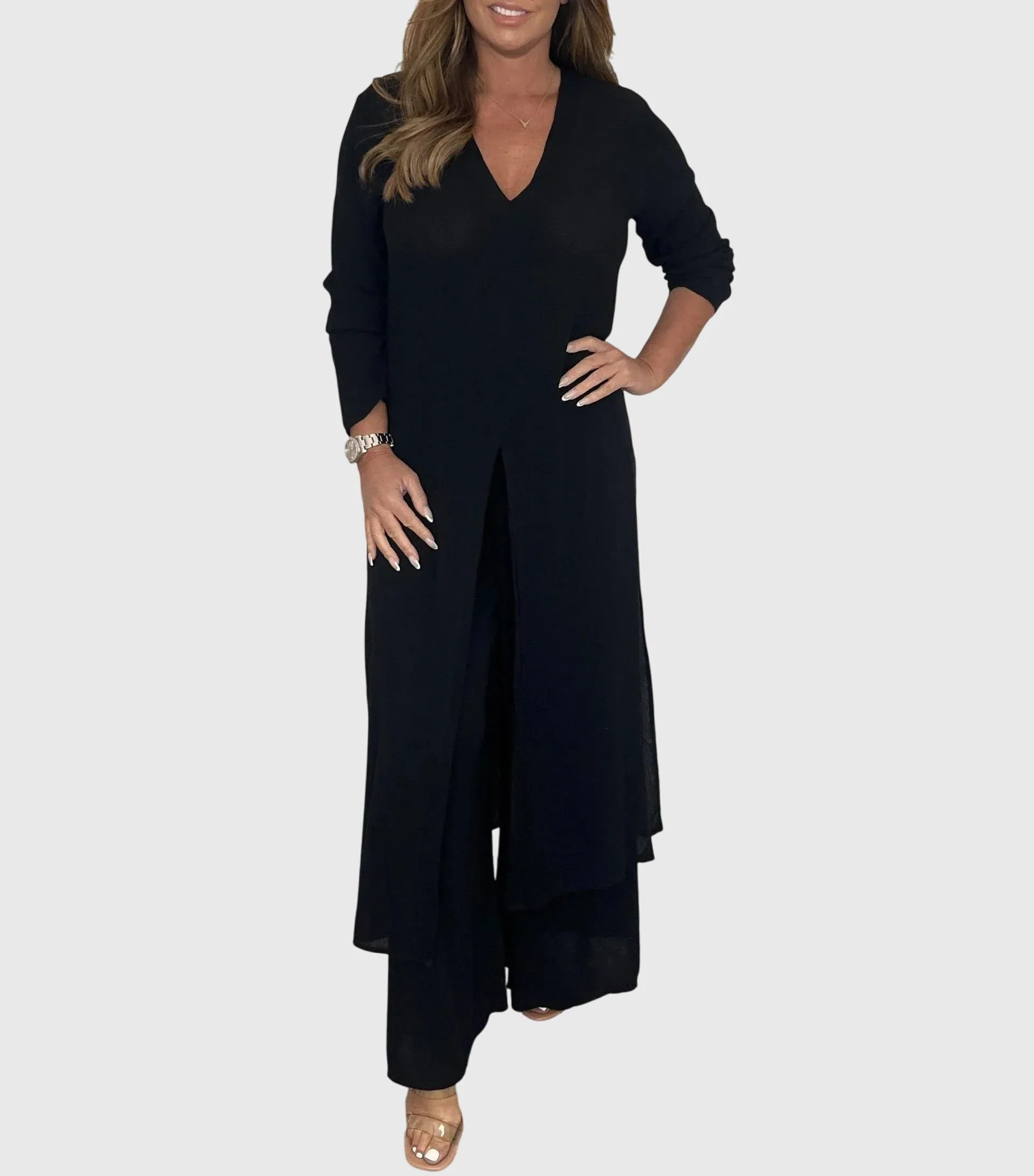 Pearl | Women's Duster Cardigan Two-Piece Set Wide Leg Pants - Image 3