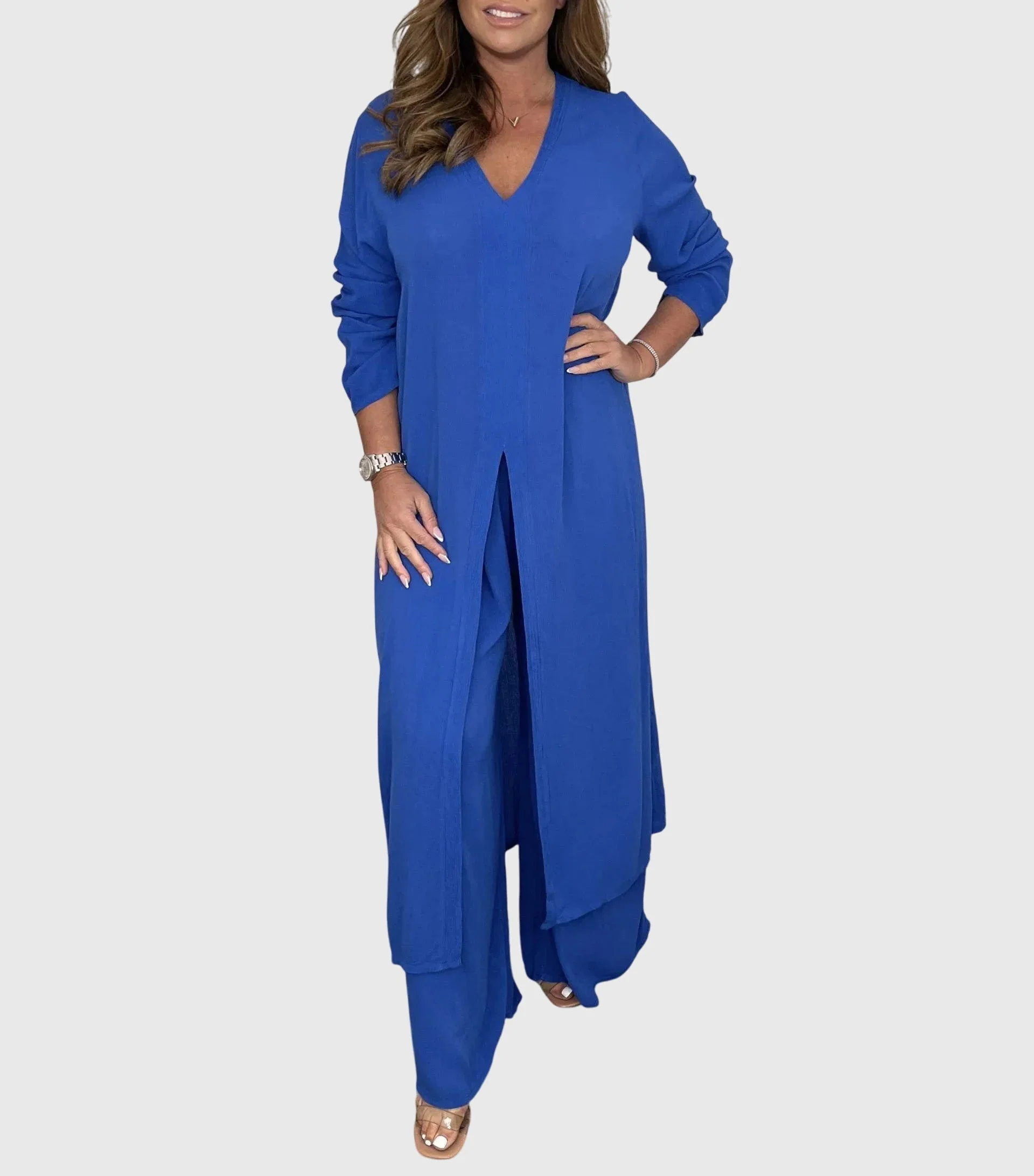Pearl | Women's Duster Cardigan Two-Piece Set Wide Leg Pants - Image 4