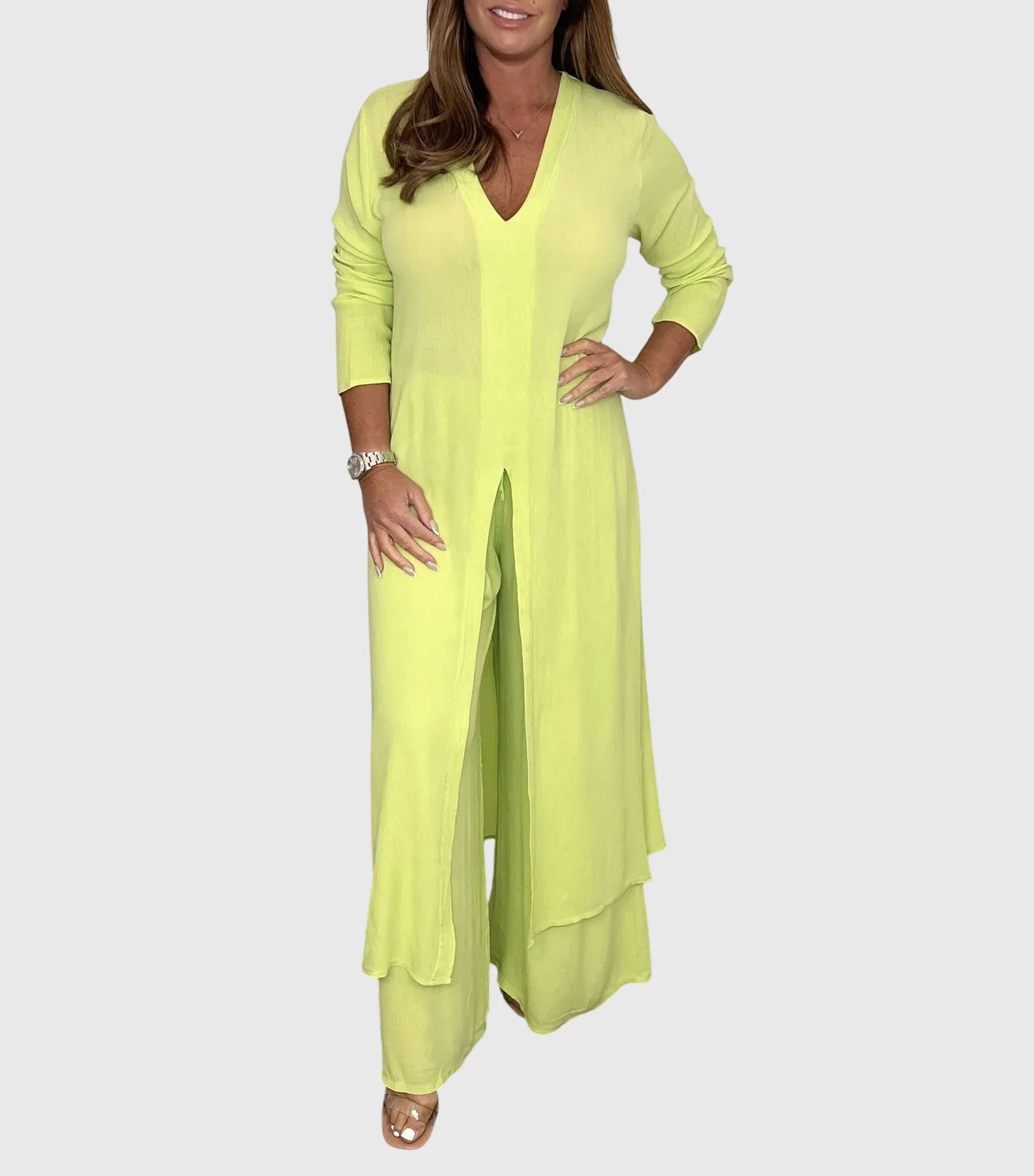 Pearl | Women's Duster Cardigan Two-Piece Set Wide Leg Pants - Image 5