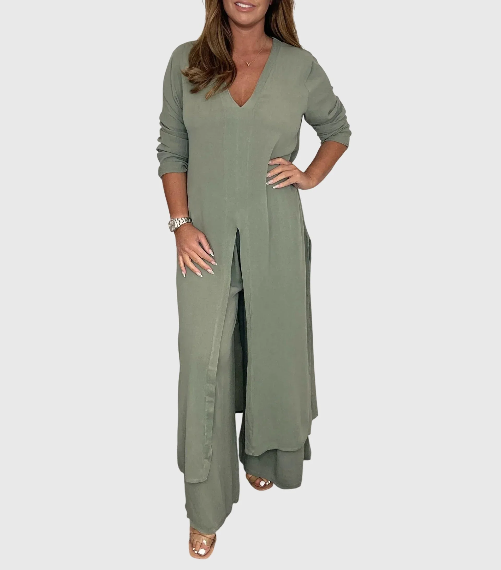 Pearl | Women's Duster Cardigan Two-Piece Set Wide Leg Pants - Image 7