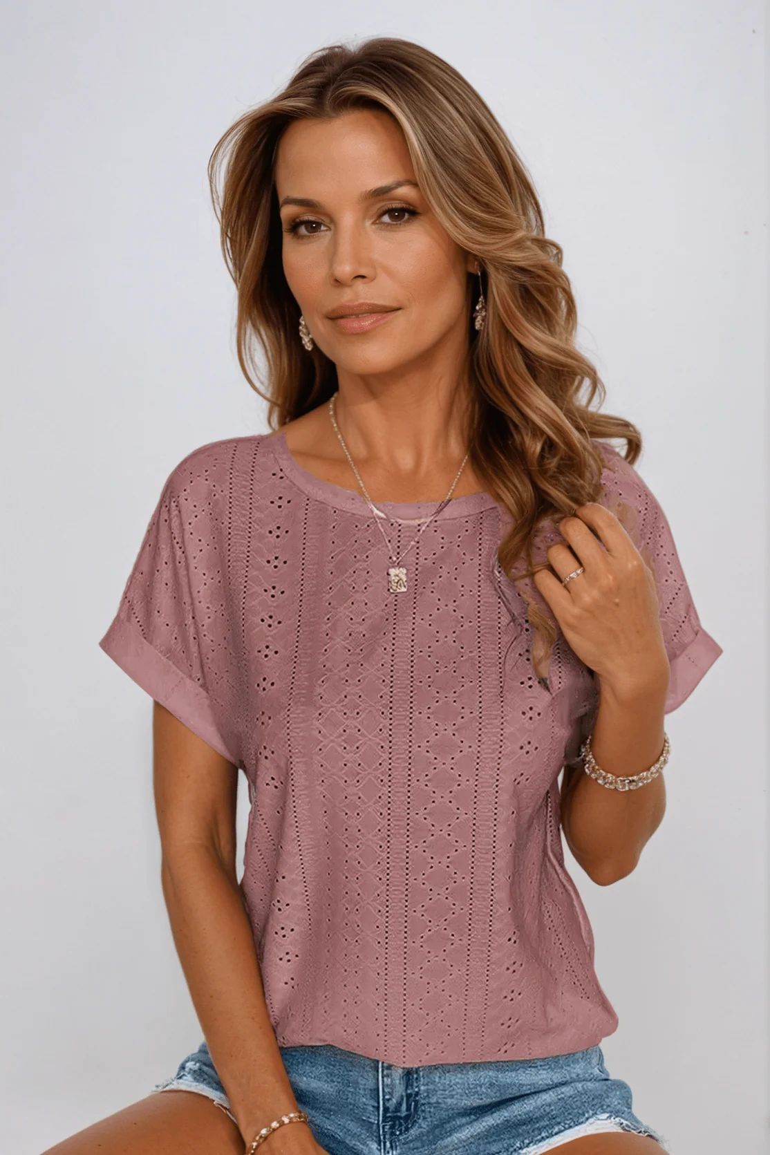 Pearl | Women's Eyelet Embroidered Crew Neck Short Sleeve Top - Image 3