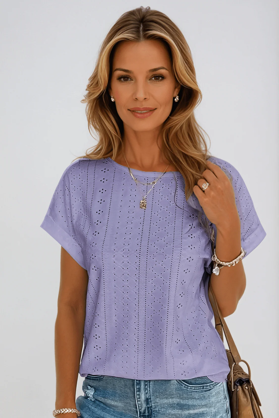 Pearl | Women's Eyelet Embroidered Crew Neck Short Sleeve Top - Image 4