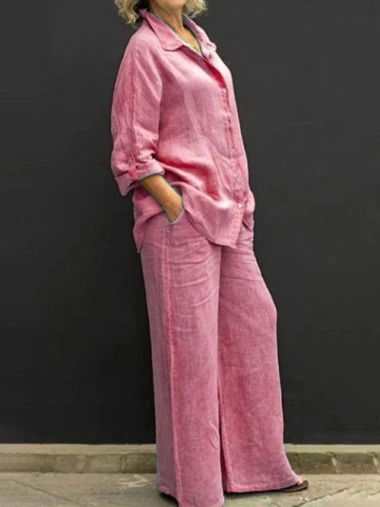 Petra | Women's 2 Piece Set Long Sleeve Shirt Wide Leg Pants - Image 2