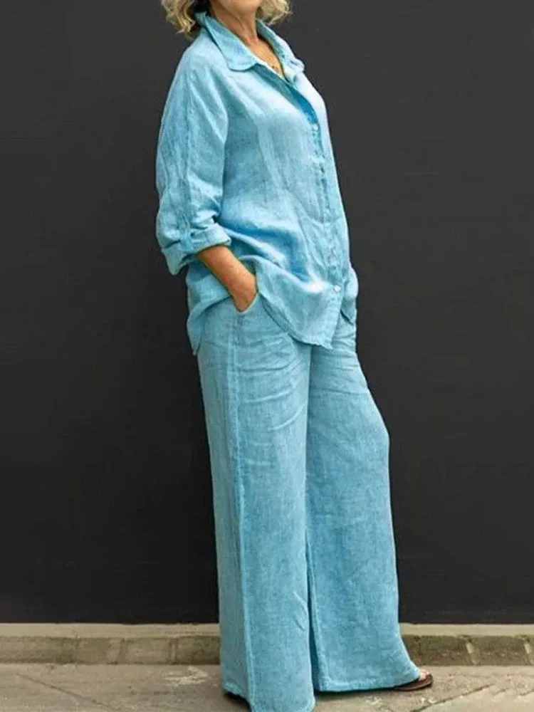 Petra | Women's 2 Piece Set Long Sleeve Shirt Wide Leg Pants - Image 3