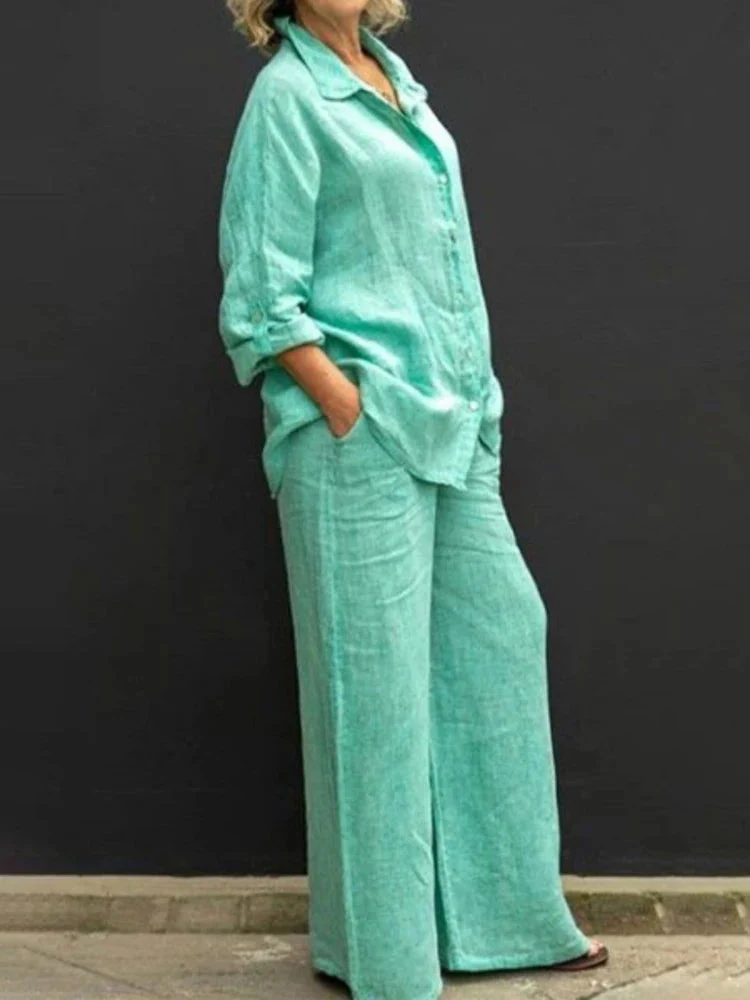 Petra | Women's 2 Piece Set Long Sleeve Shirt Wide Leg Pants - Image 4