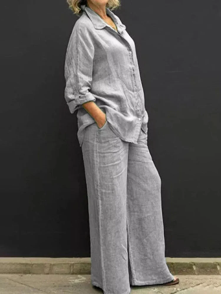 Petra | Women's 2 Piece Set Long Sleeve Shirt Wide Leg Pants - Image 5