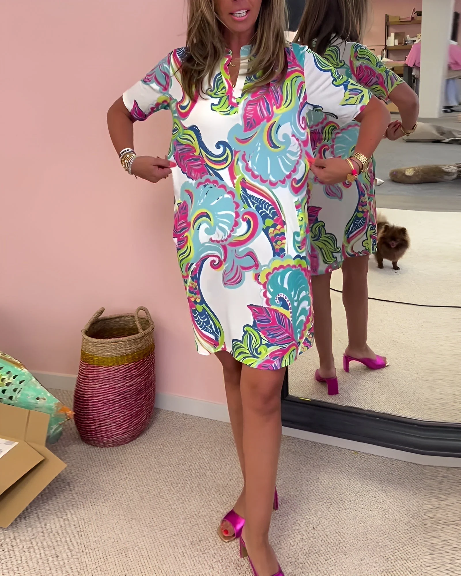 Piper | Women's V Neck Tummy Control Printed Draped Dress Casual Summer - Image 5