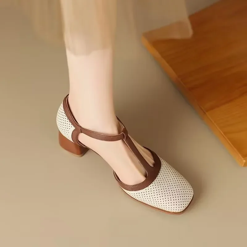 Piper | Women's T-Strap Block Heel Shoes Square Toe Mid Heel Pumps - Image 3