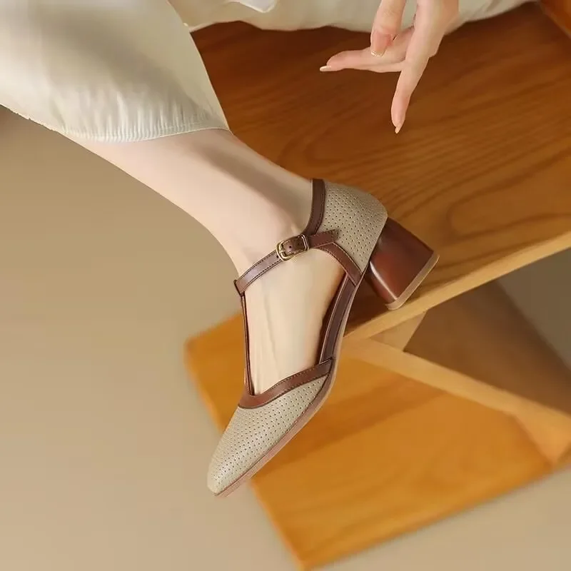 Piper | Women's T-Strap Block Heel Shoes Square Toe Mid Heel Pumps - Image 4