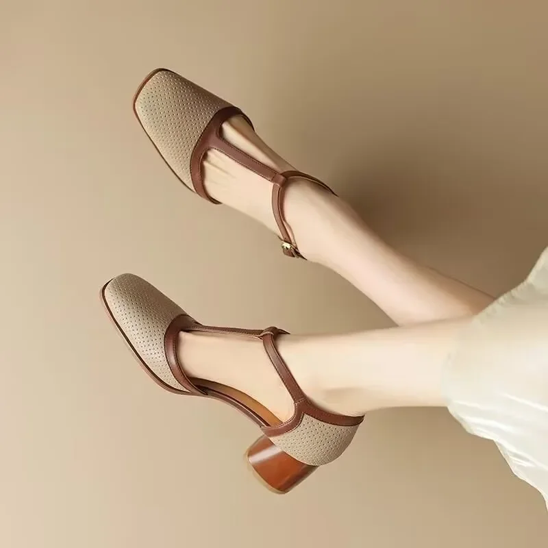 Piper | Women's T-Strap Block Heel Shoes Square Toe Mid Heel Pumps - Image 5