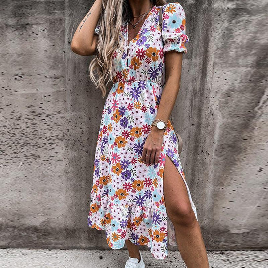 Poppy | Women's Floral Midi Dress V-Neck Smocked Waist Side Split - Image 2