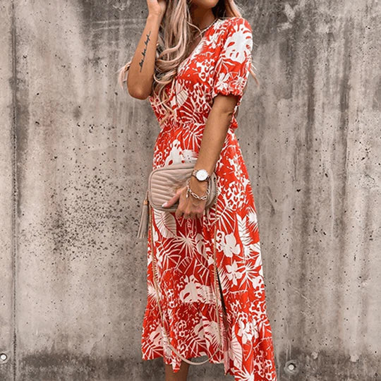 Poppy | Women's Floral Midi Dress V-Neck Smocked Waist Side Split - Image 3