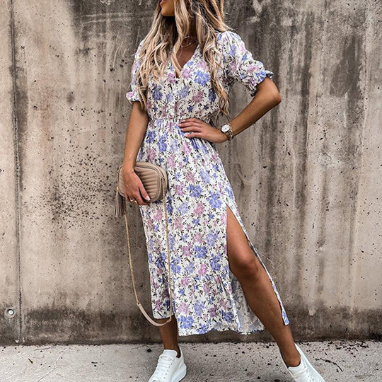 Poppy | Women's Floral Midi Dress V-Neck Smocked Waist Side Split - Image 4
