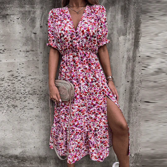 Poppy | Women's Floral Midi Dress V-Neck Smocked Waist Side Split - Image 5