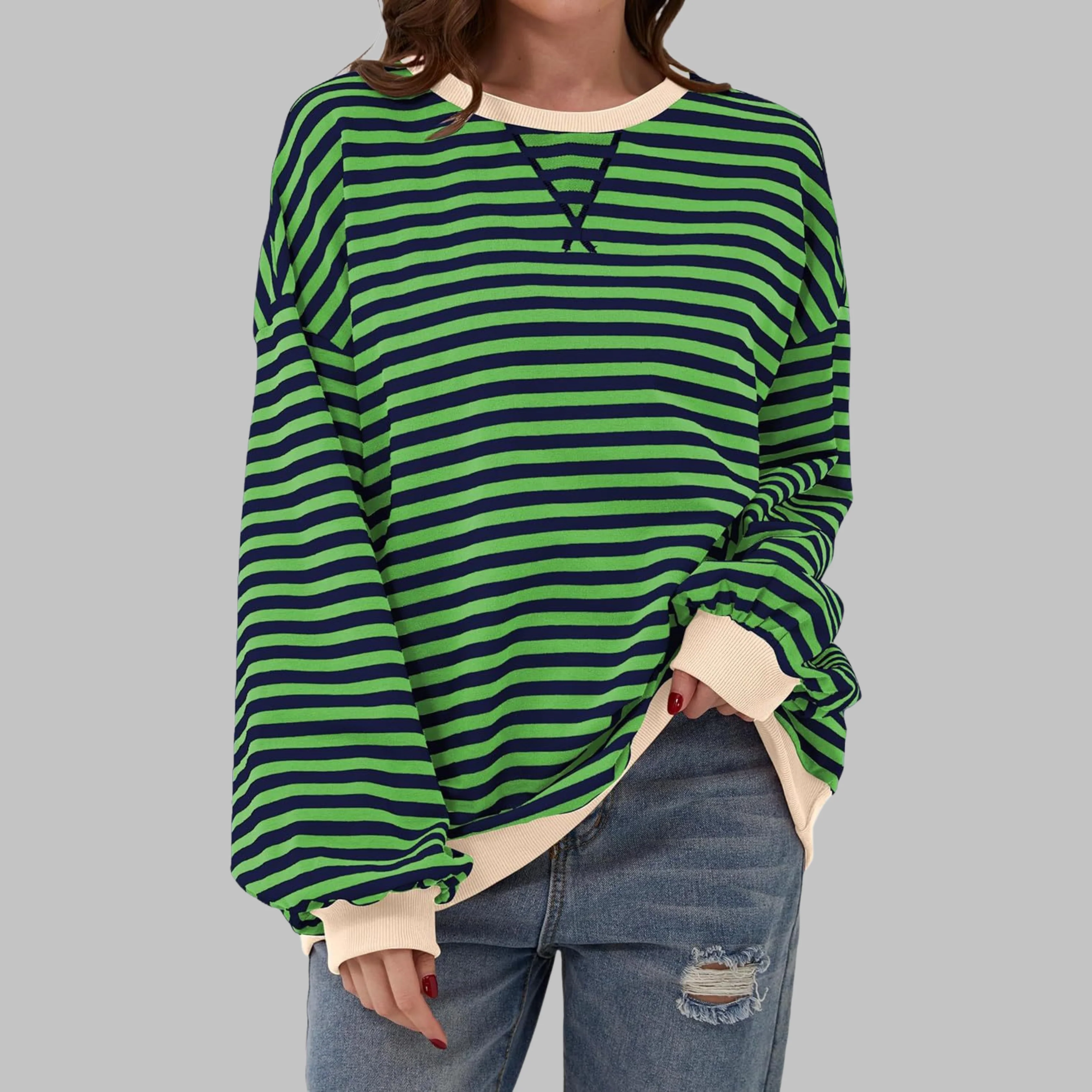 Poppy | Women's Striped Crewneck Long Sleeve Oversized Sweatshirt - Image 10