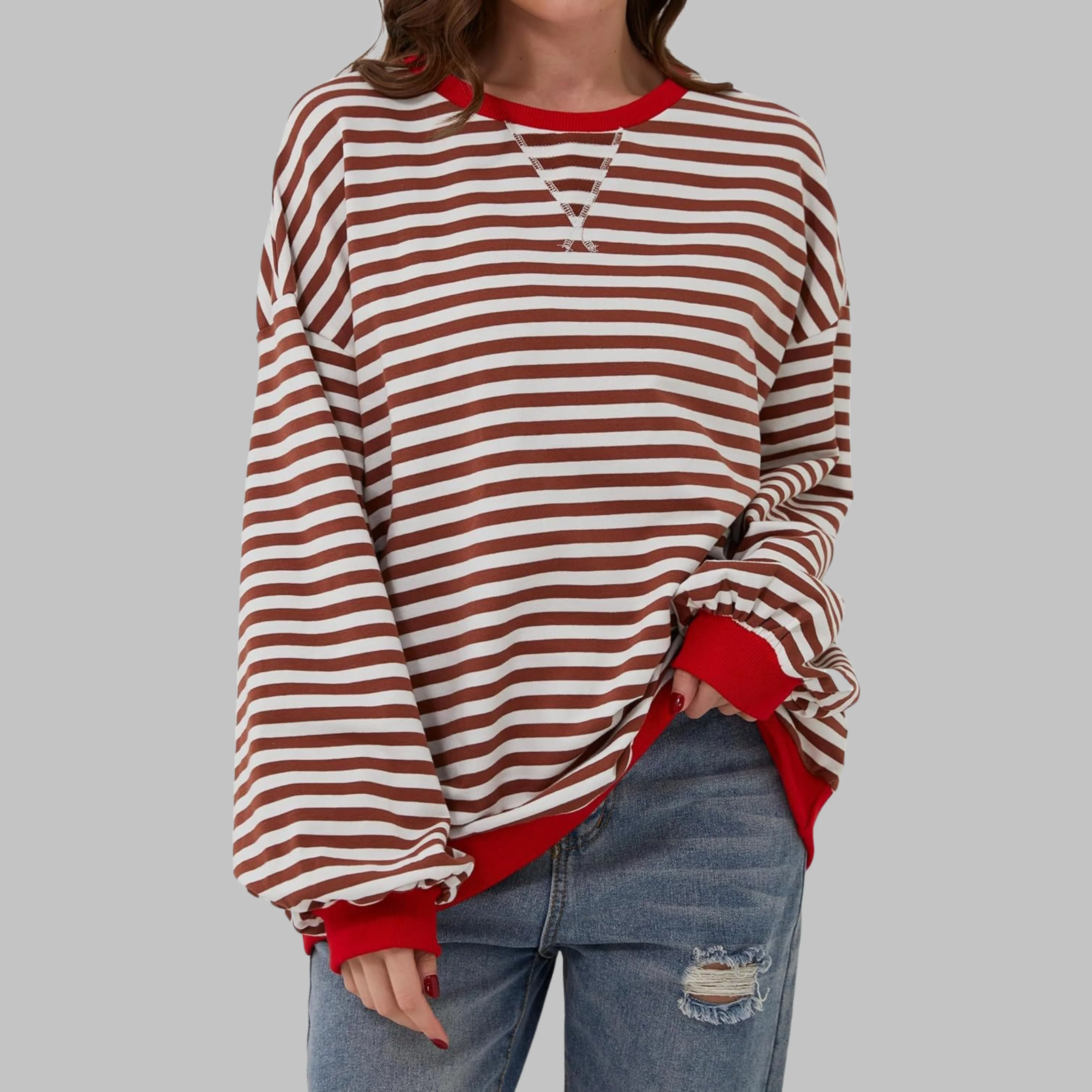 Poppy | Women's Striped Crewneck Long Sleeve Oversized Sweatshirt - Image 5