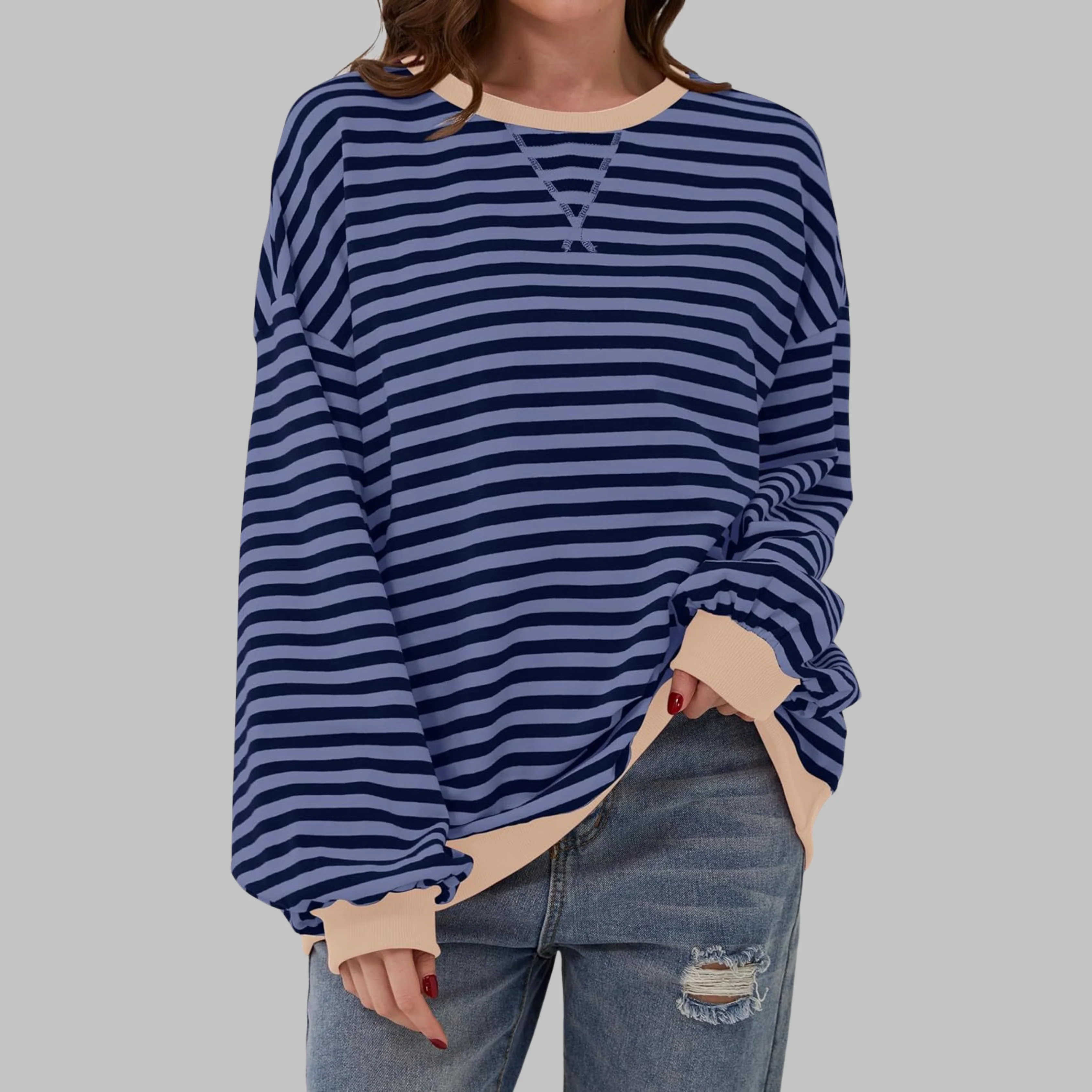 Poppy | Women's Striped Crewneck Long Sleeve Oversized Sweatshirt - Image 6