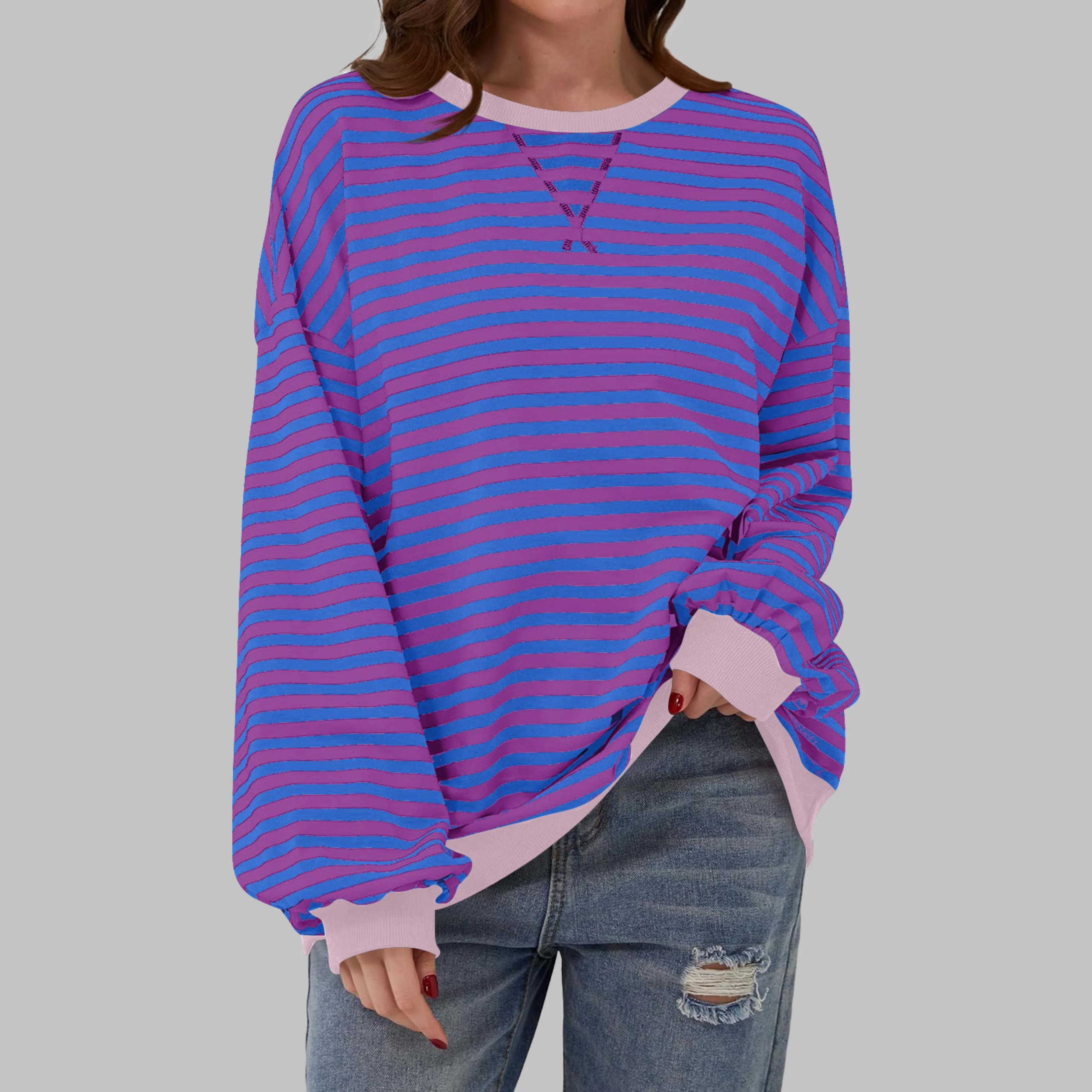 Poppy | Women's Striped Crewneck Long Sleeve Oversized Sweatshirt - Image 7