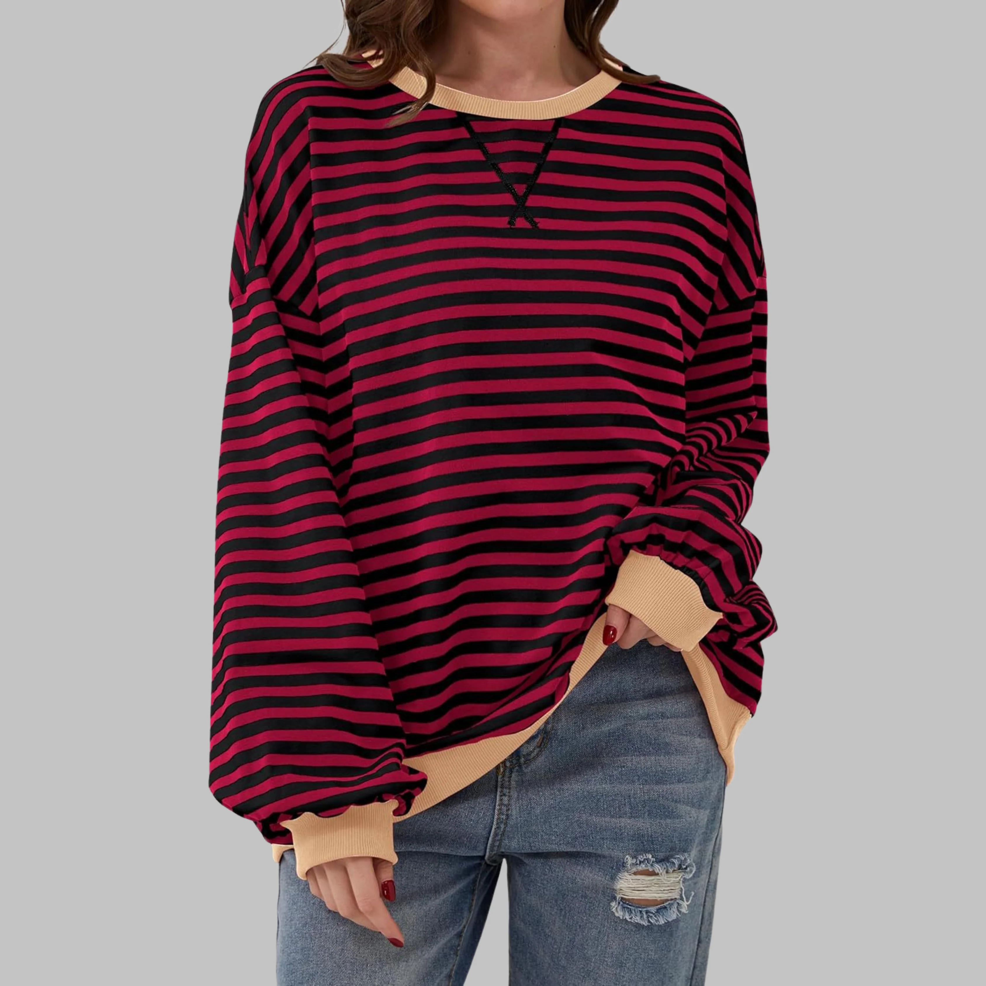 Poppy | Women's Striped Crewneck Long Sleeve Oversized Sweatshirt - Image 8