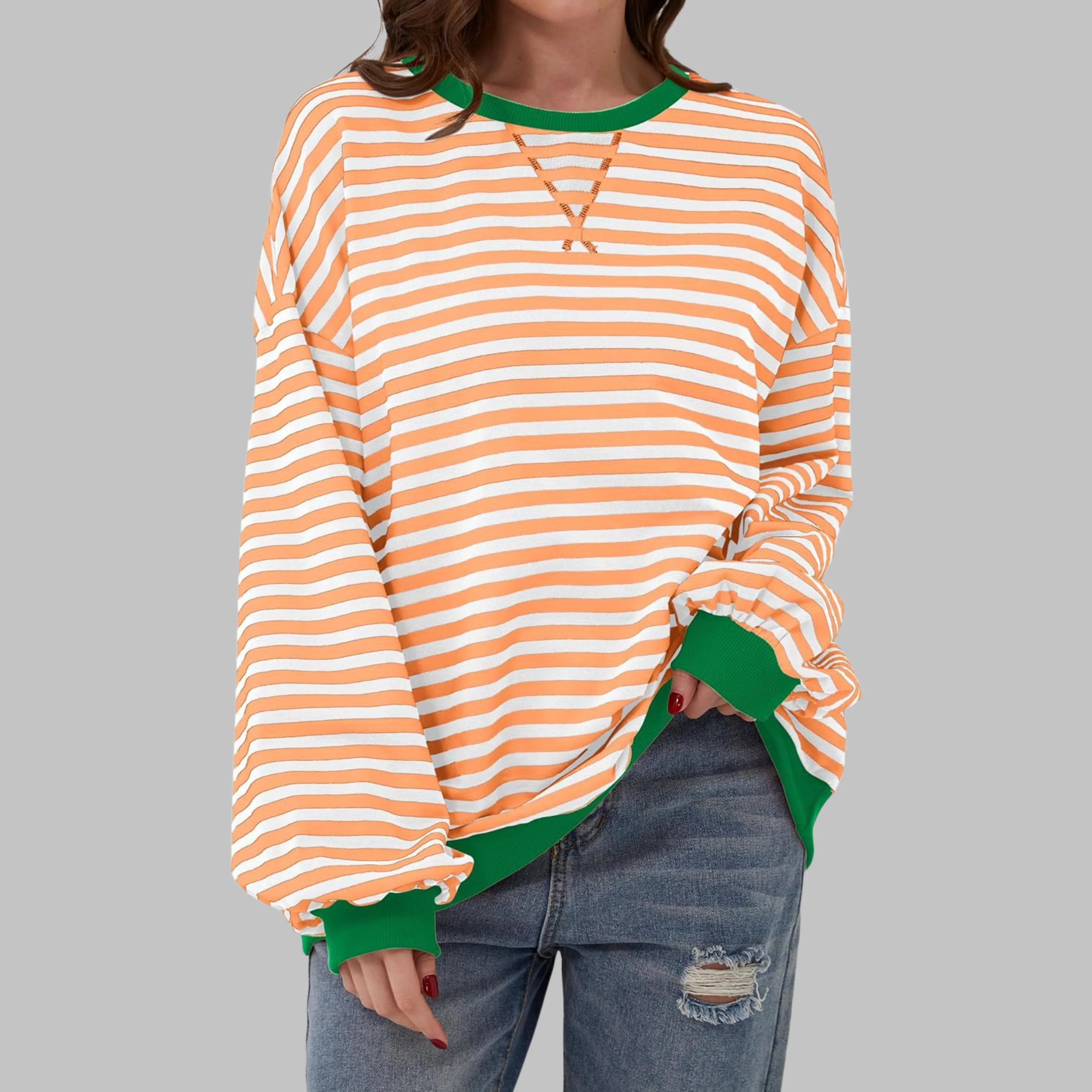 Poppy | Women's Striped Crewneck Long Sleeve Oversized Sweatshirt - Image 9